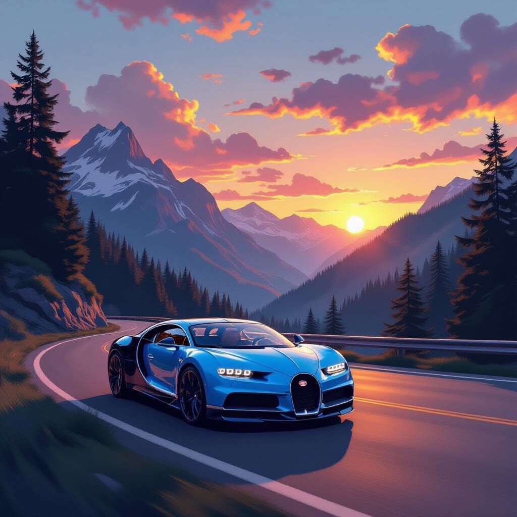 Blue Bugatti Speeds Through Forest at Sunset