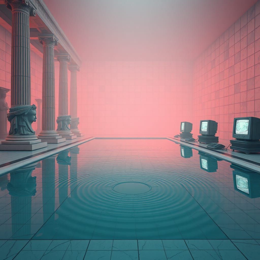 90s Vaporwave Liminal Space with Greek Statues