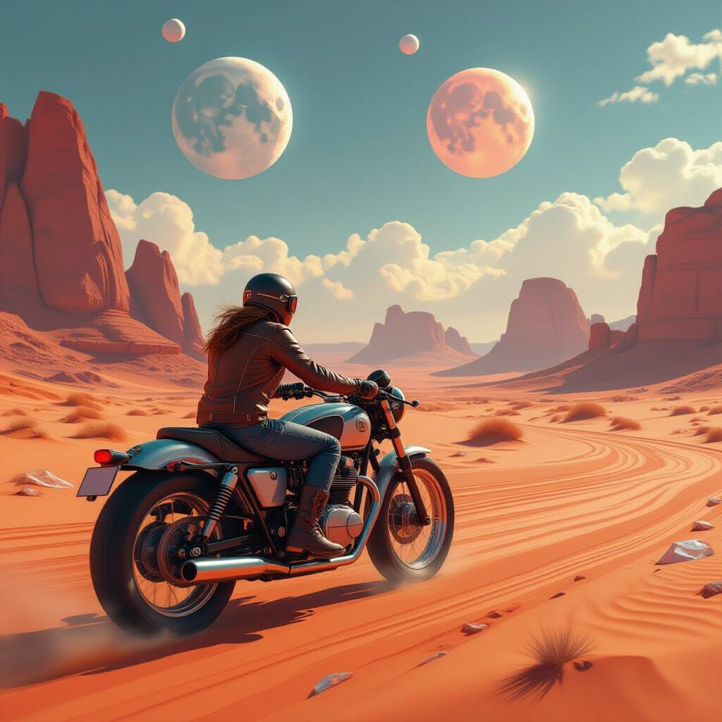Lone Rider on Alien Desert Under Two Moons