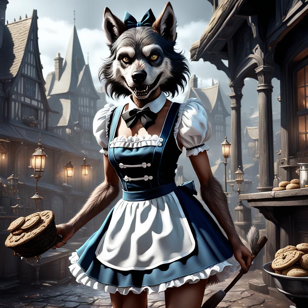Werewolf French Maid: Detailed Fantasy Art