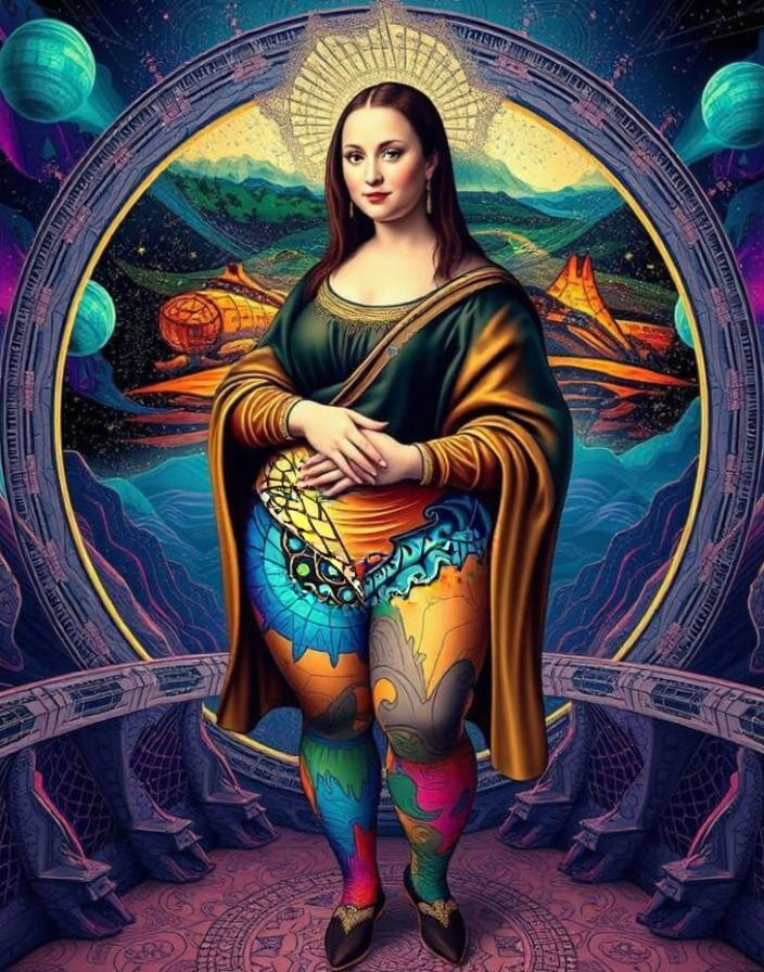 Mona Lisa in Leggings with Abstract Fractal Elements