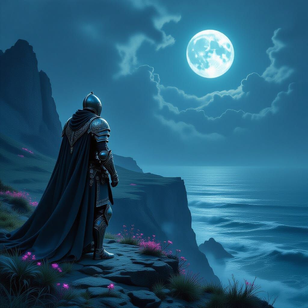 Knight on Alien Cliff Overlooking Moonlit Ocean