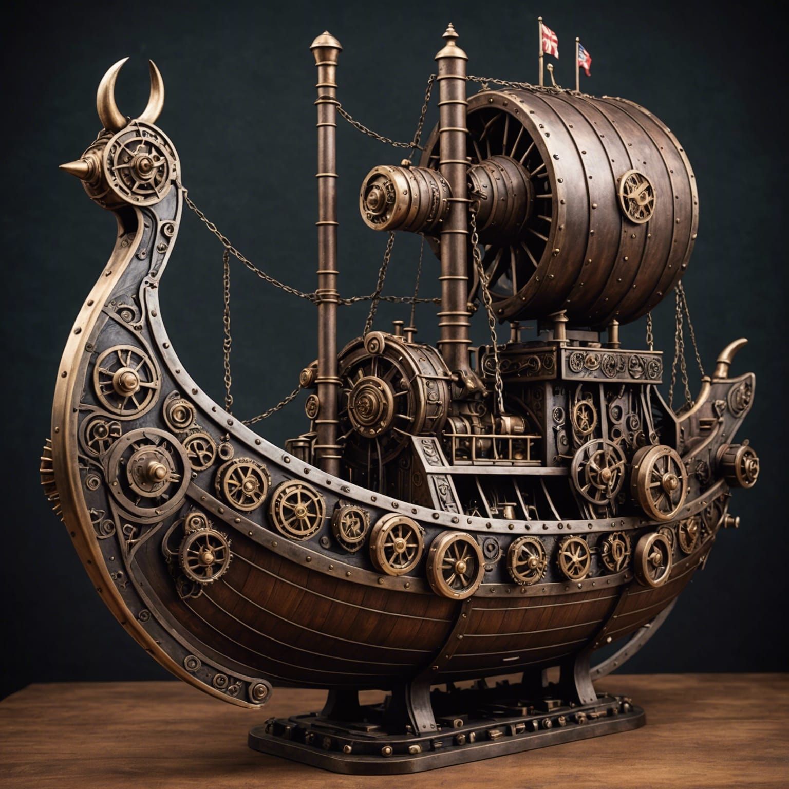 Steampunk Viking Ship with Detailed Engine