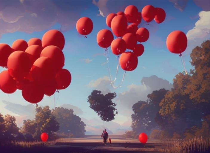 Red Balloons in Summer Sky: Hyperdetailed Concept Art