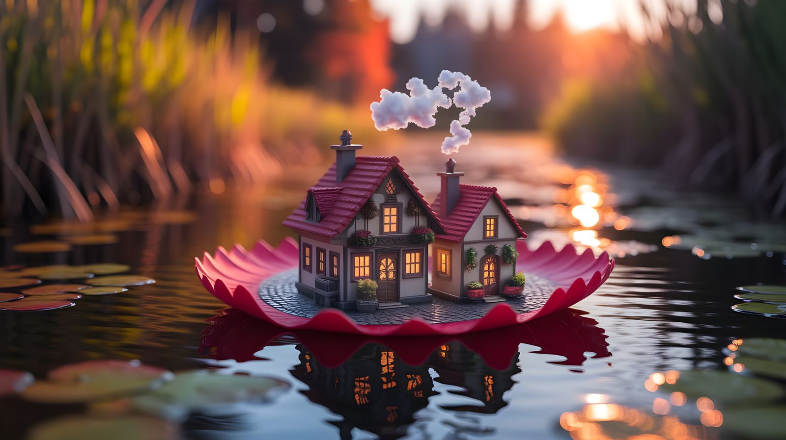 Miniature Village on Autumn Leaf Over Shimmering Water