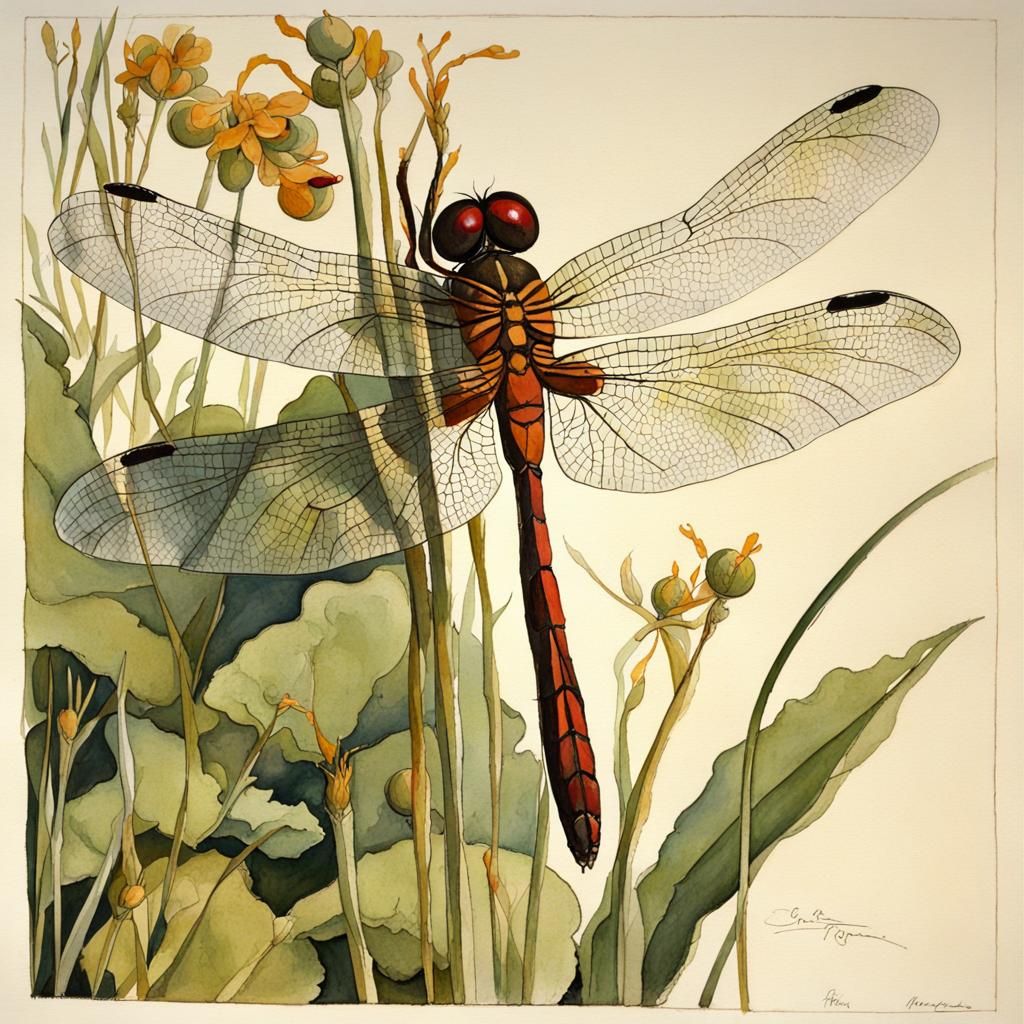 Botanical Flora and Dragonfly Gouache Illustration
