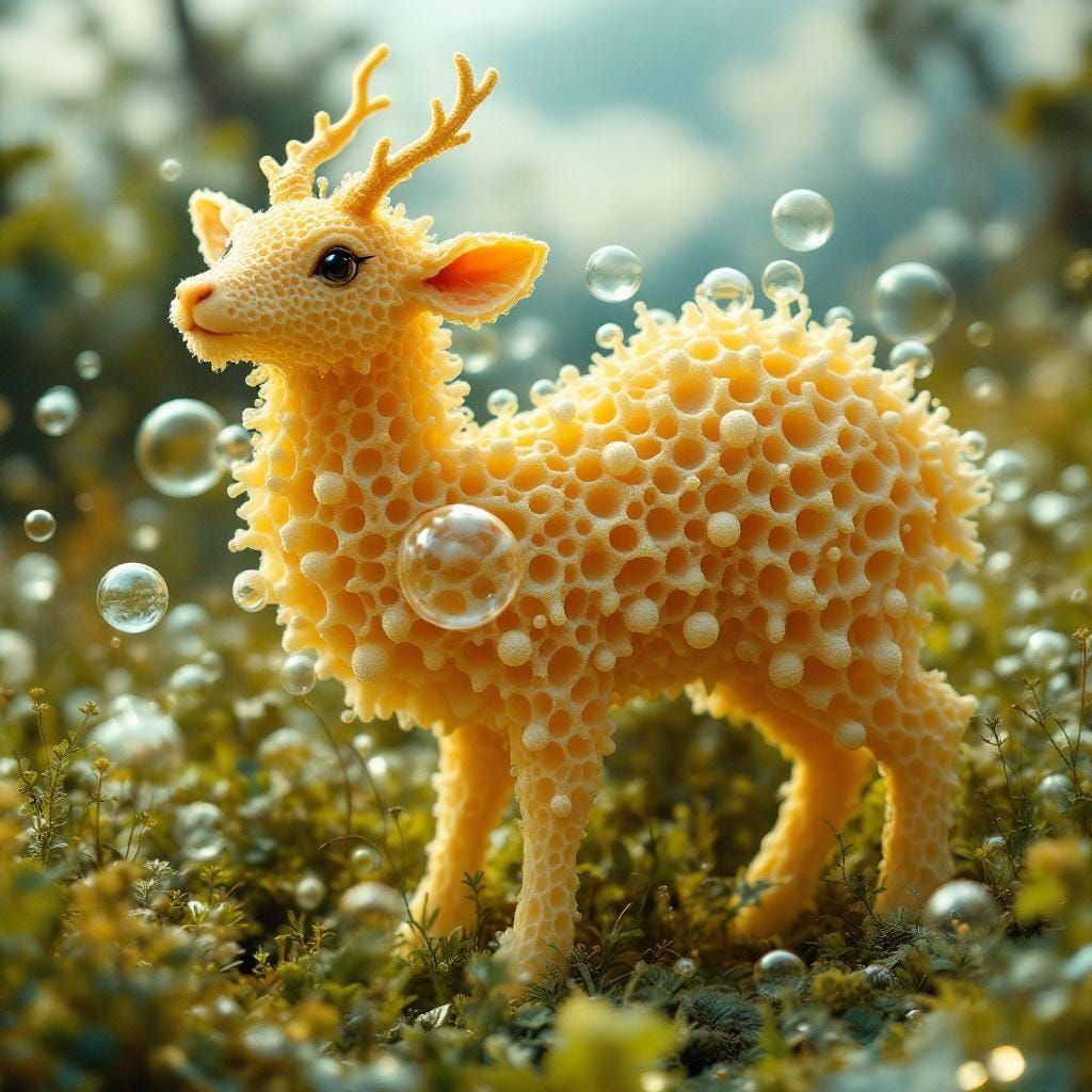 a sponge deer standing in the grass, huge bubbles, honeycomb...
