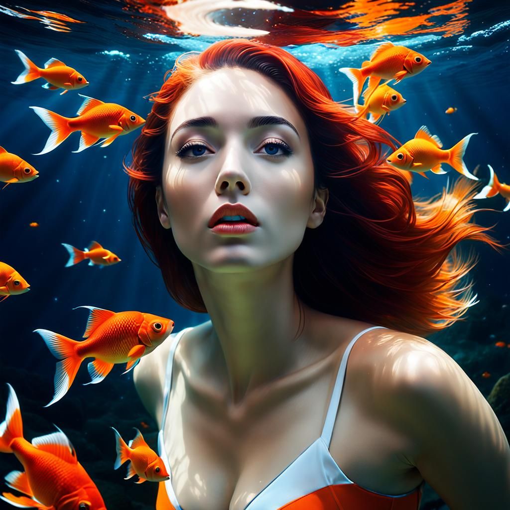 Underwater Girl with Fish in Surreal 3D Render
