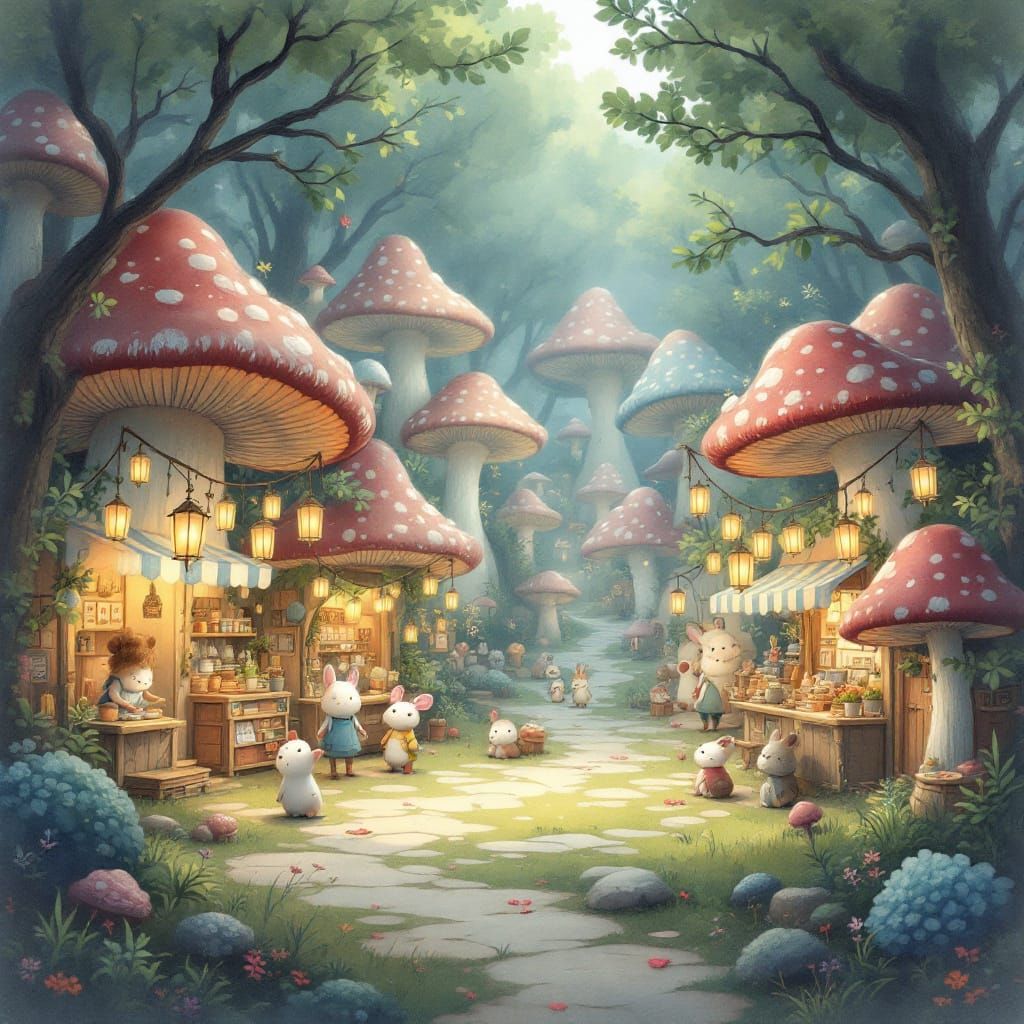 Enchanting Mushroom Village Marketplace with Forest Creature...