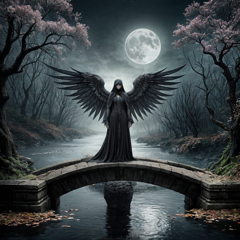 Gothic Angel of Death Stands Alone on Moonlit Bridge
