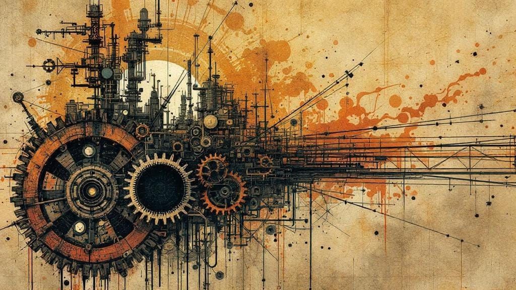 Industrial Surrealism: Mechanical Heart Gears in Cross-Hatch...