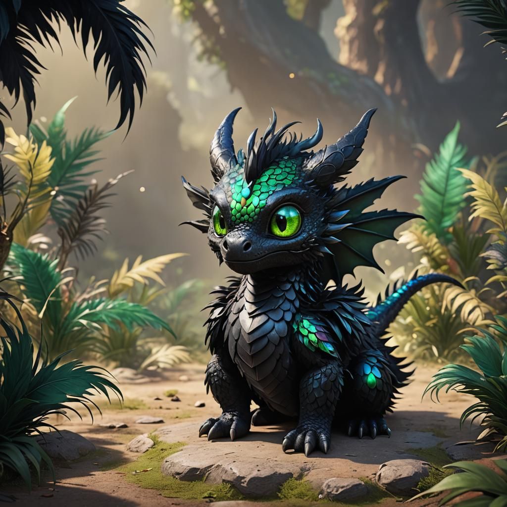 Cute Black Dragon with Iridescent Feathers