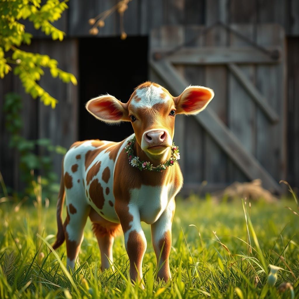 Brown Spotted Baby Cow with Floral Wreath in Serene Summer M...