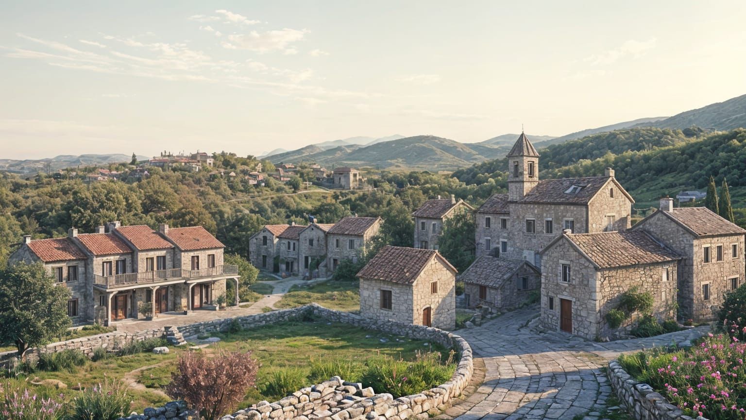 Traditional Greek Village Under Blue Morning Skies