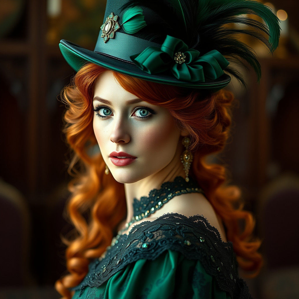 Victorian Lady with Auburn Hair and Emerald Gown