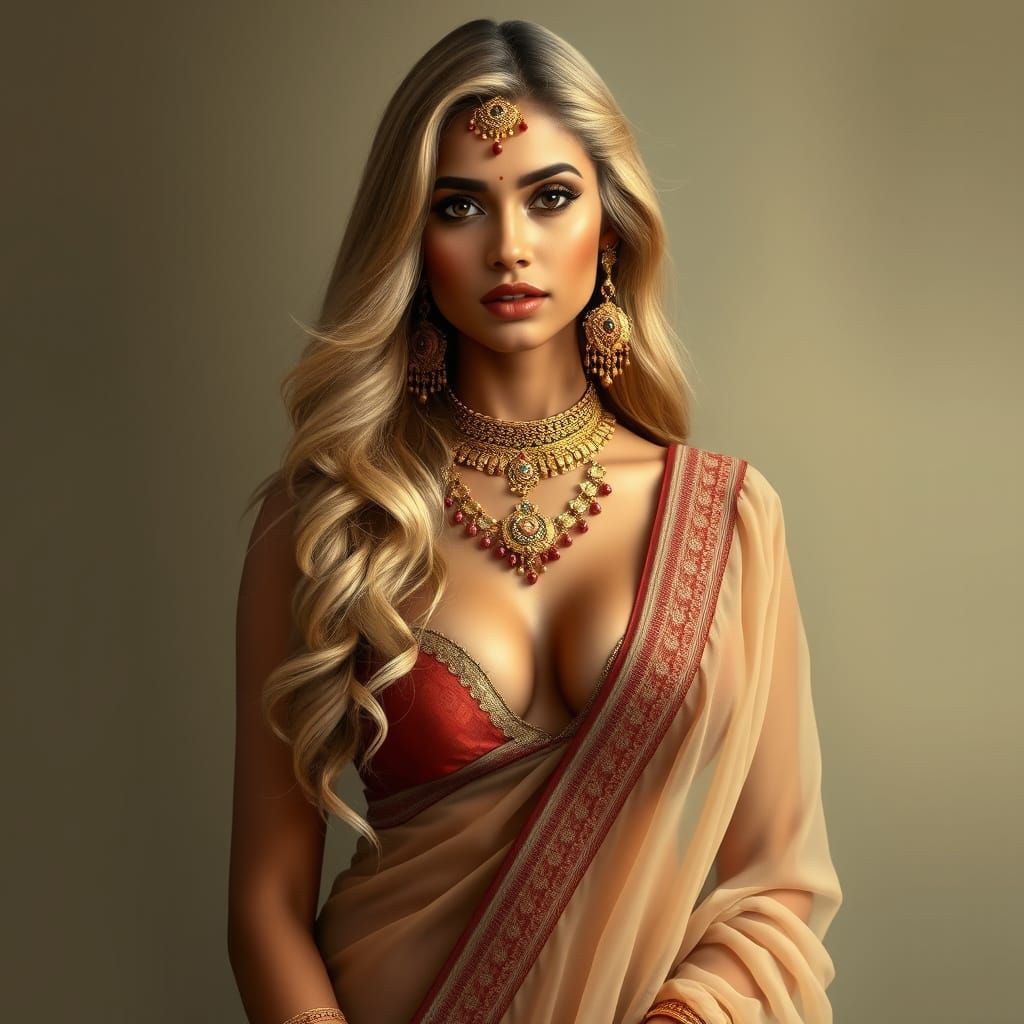 Elegant Indian Beauty in Golden Saree