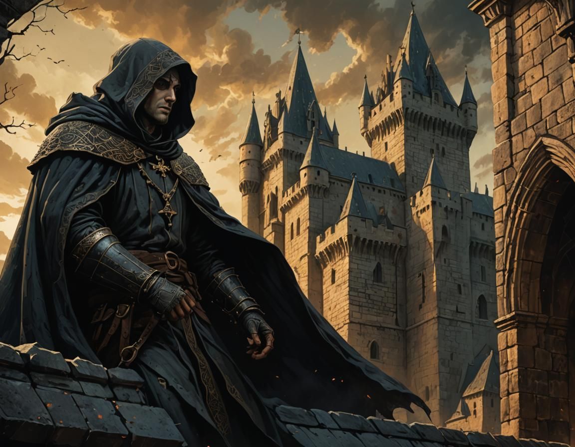 Hooded Figure Scales Castle Wall in Gothic Style