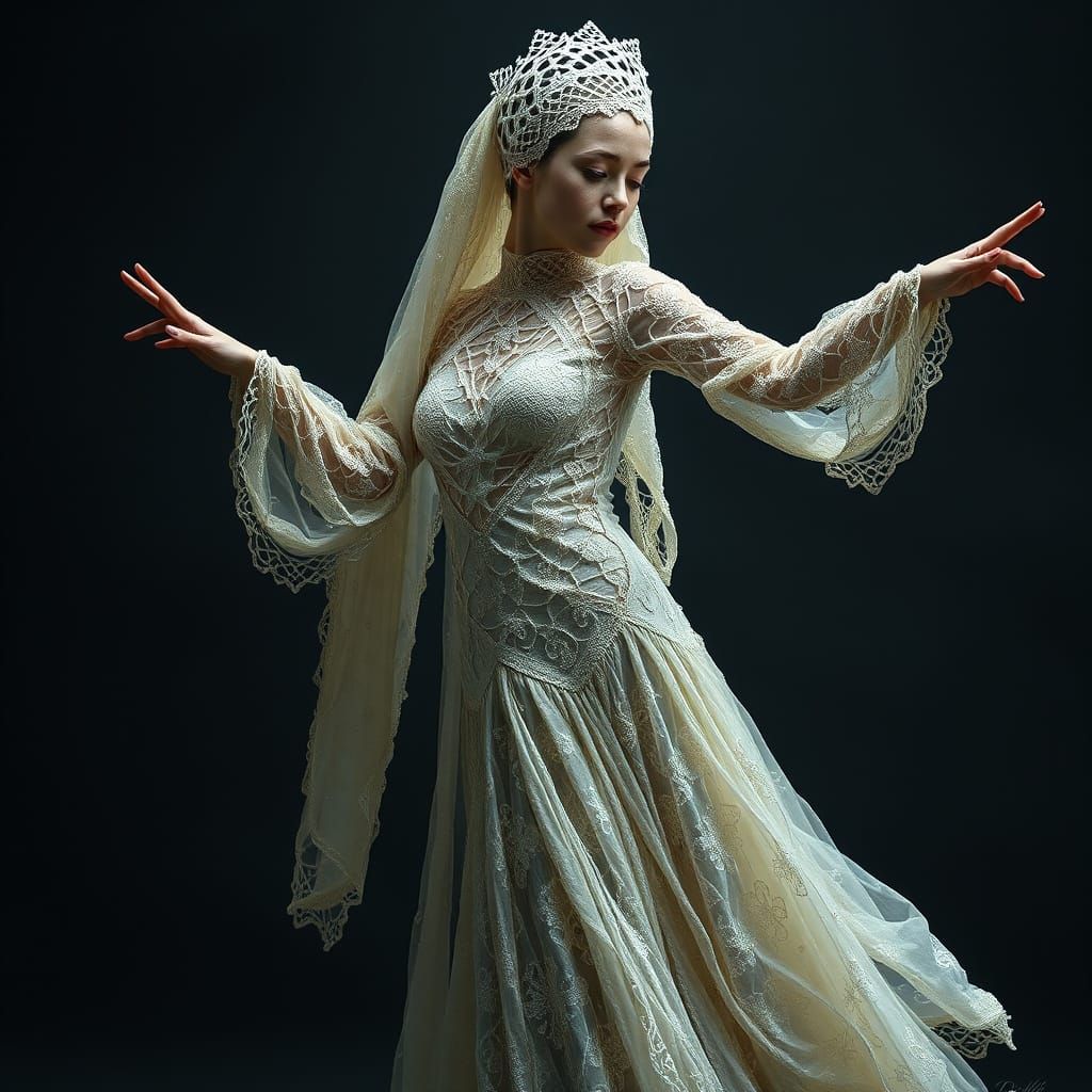 Otherworldly Dancer in Intricate Lace Costume