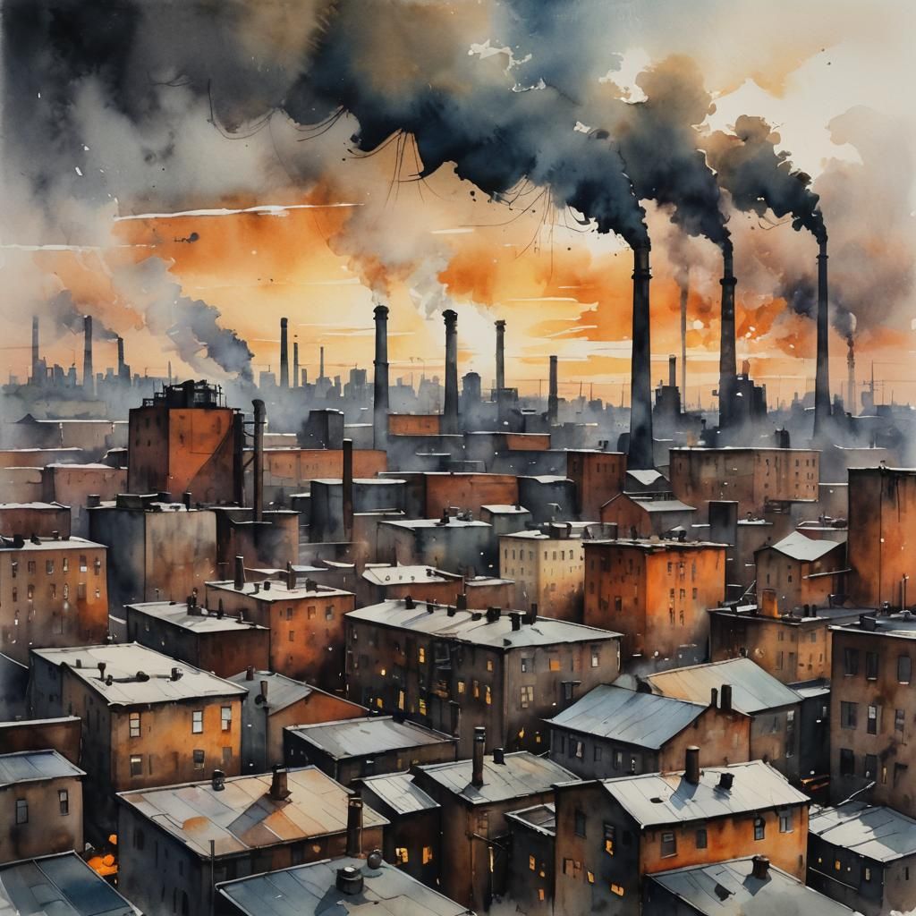 Industrial Cityscape in Watercolor Impressionist Style