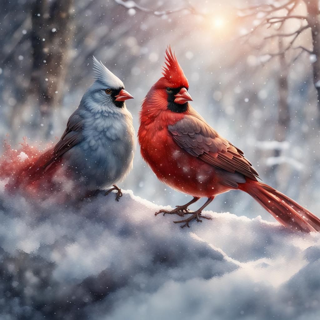 Watercolor Cardinals in Winter Snow Landscape