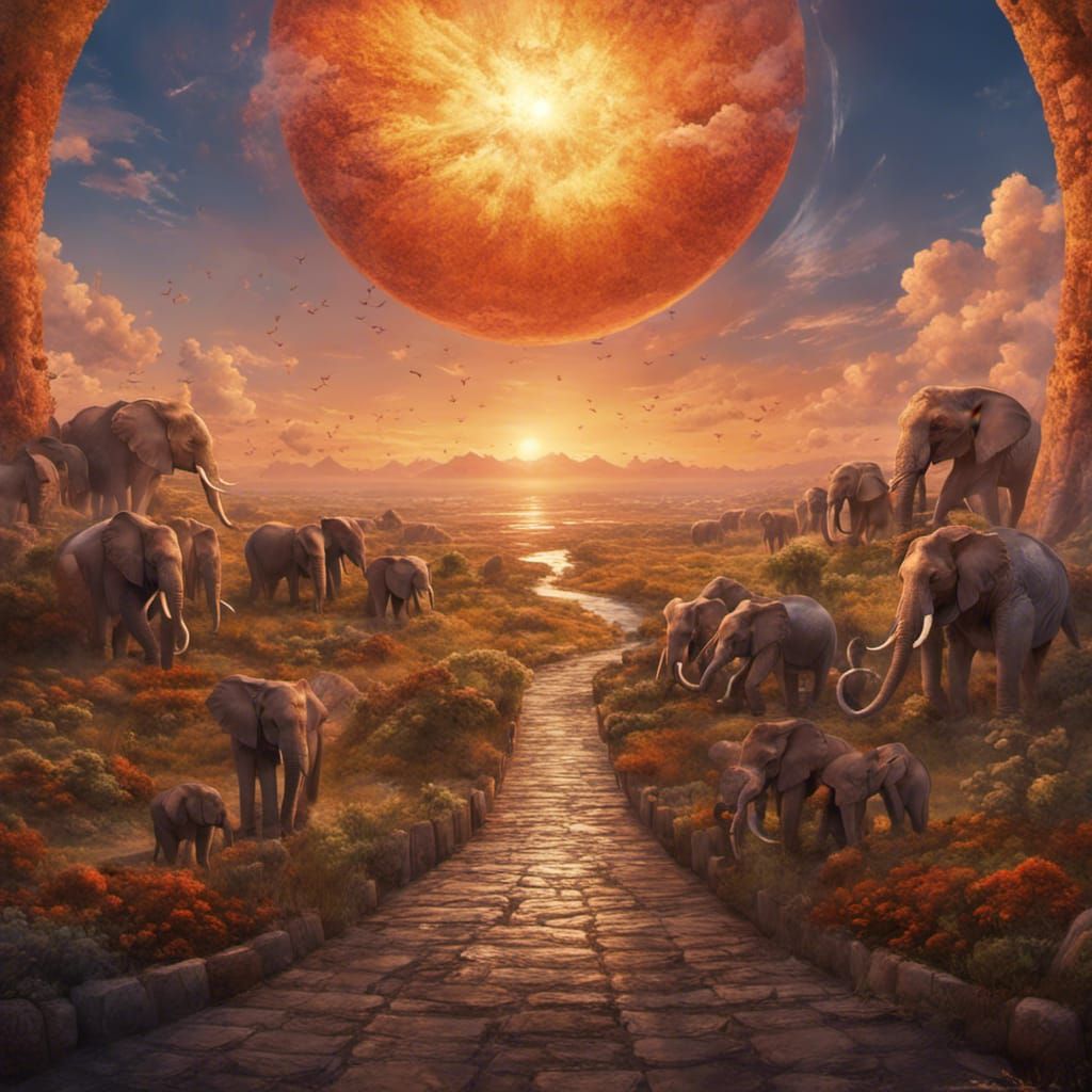 Elephants Parade to Heaven Portal in Detailed Fantasy Art