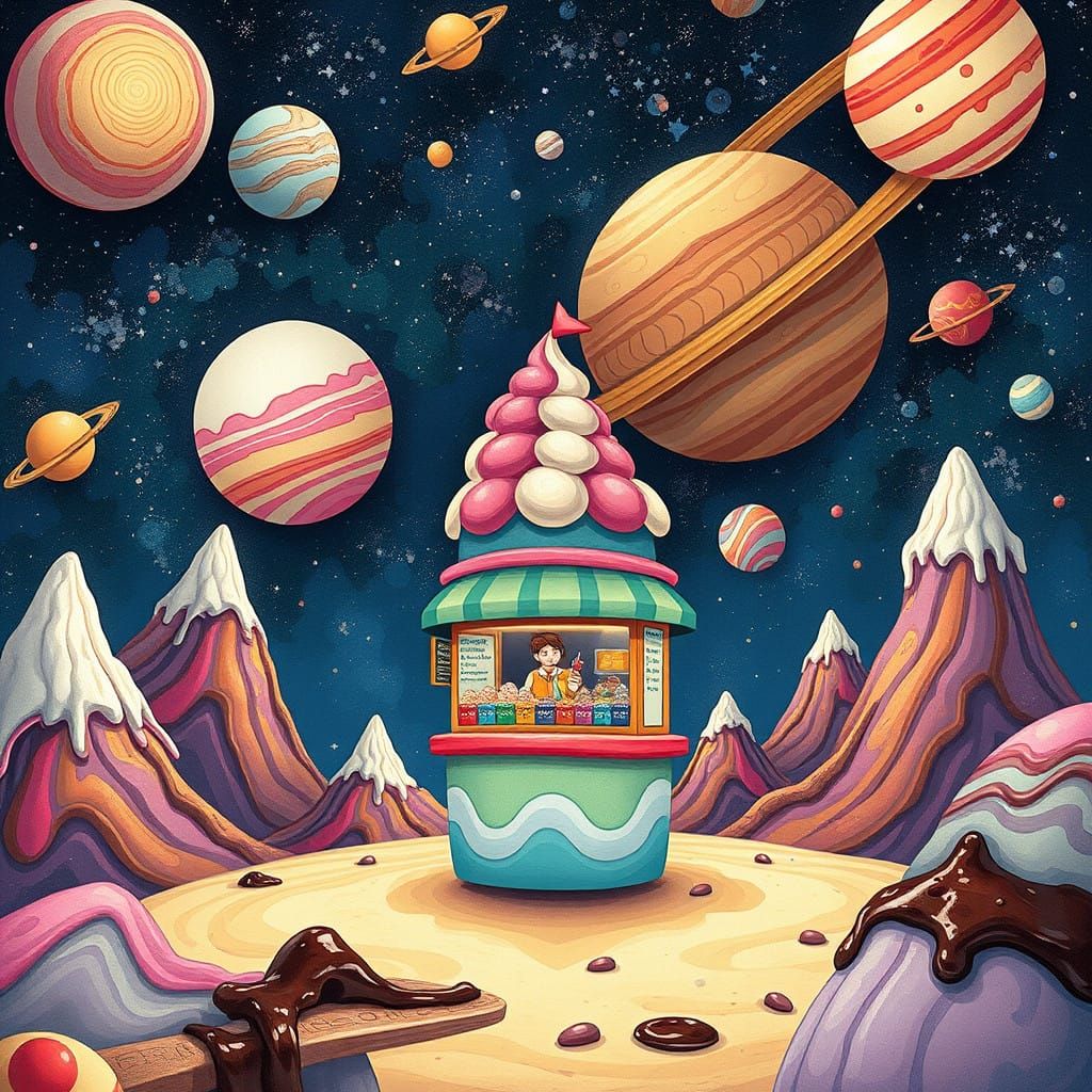 Whimsical Ice Cream Galaxy in Vibrant Dreamlike Illustration