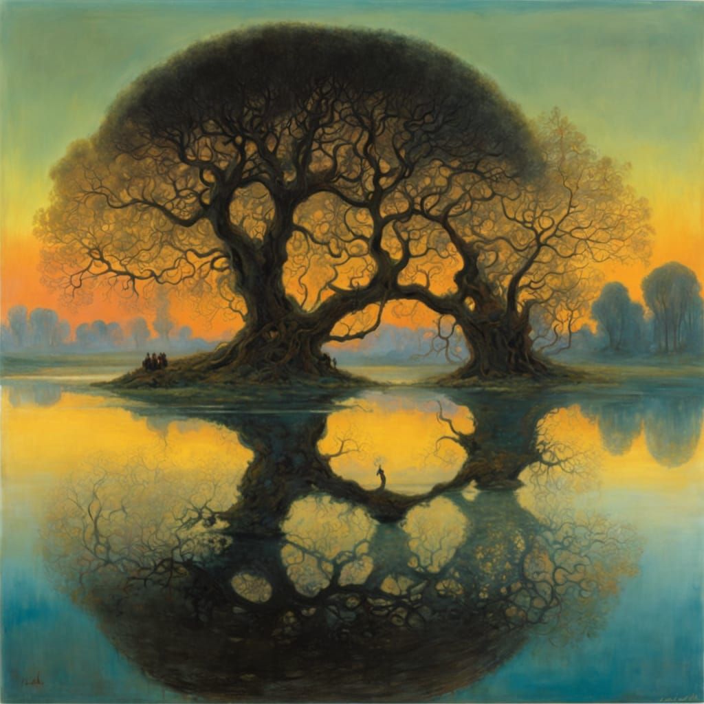 Surreal Lake Landscape at Dusk in Art Nouveau Style