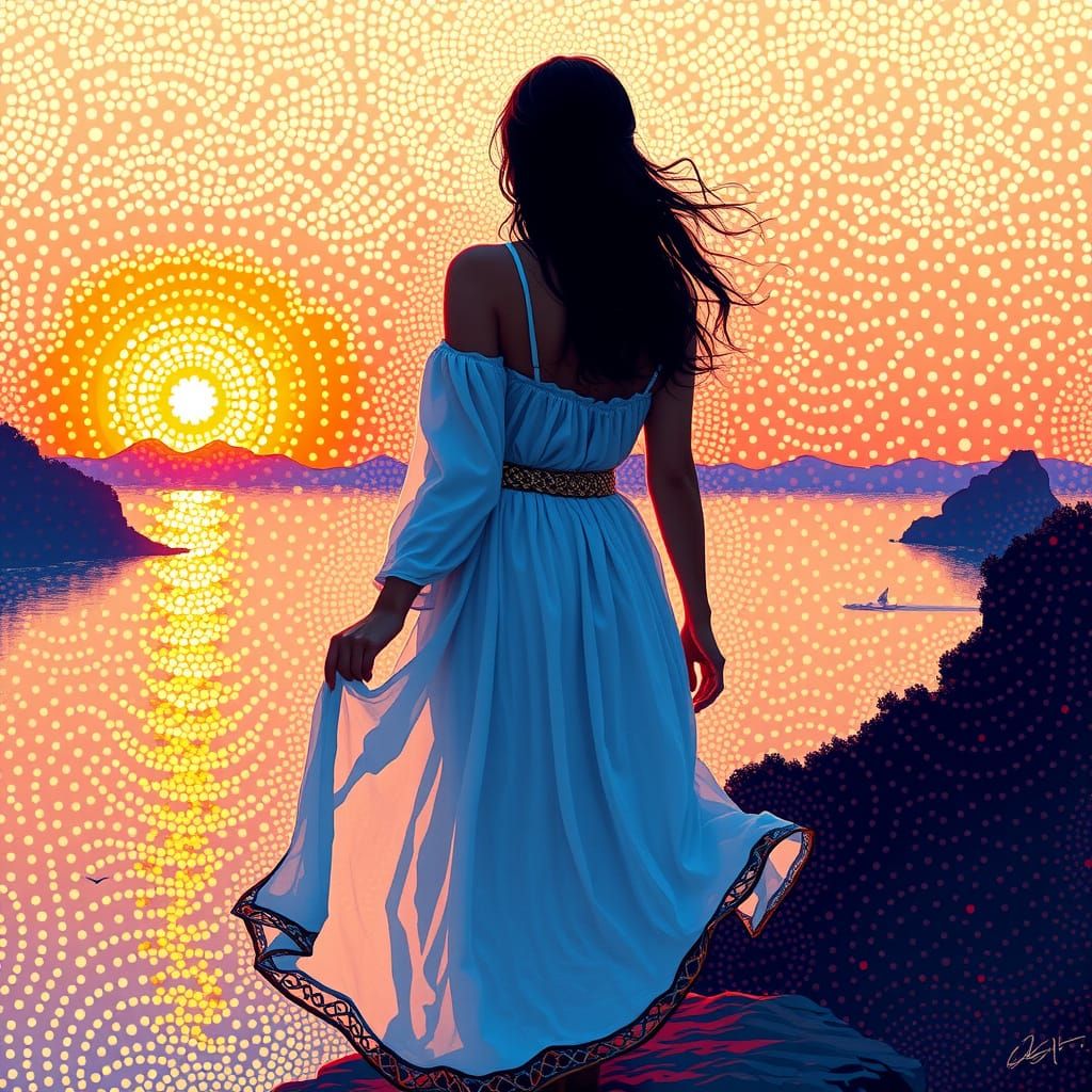 Woman at Sunset Lake in Pointillism Style