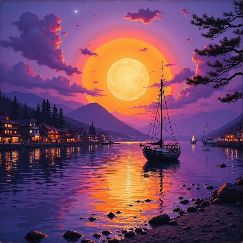 Vaporwave purple moon close up fishing boat in the harbour f...