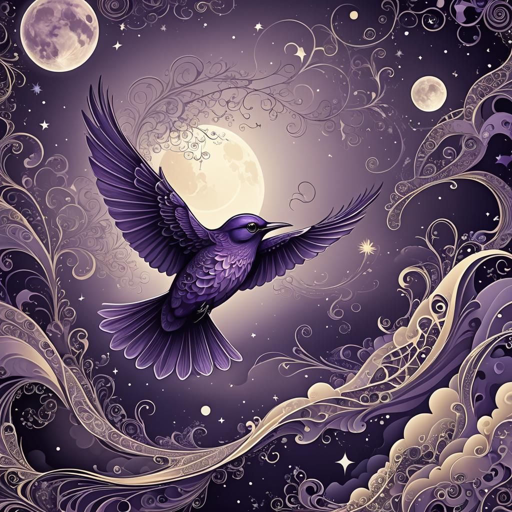 Purple Bird Flight Under Full Moon: Abstract Vector Art