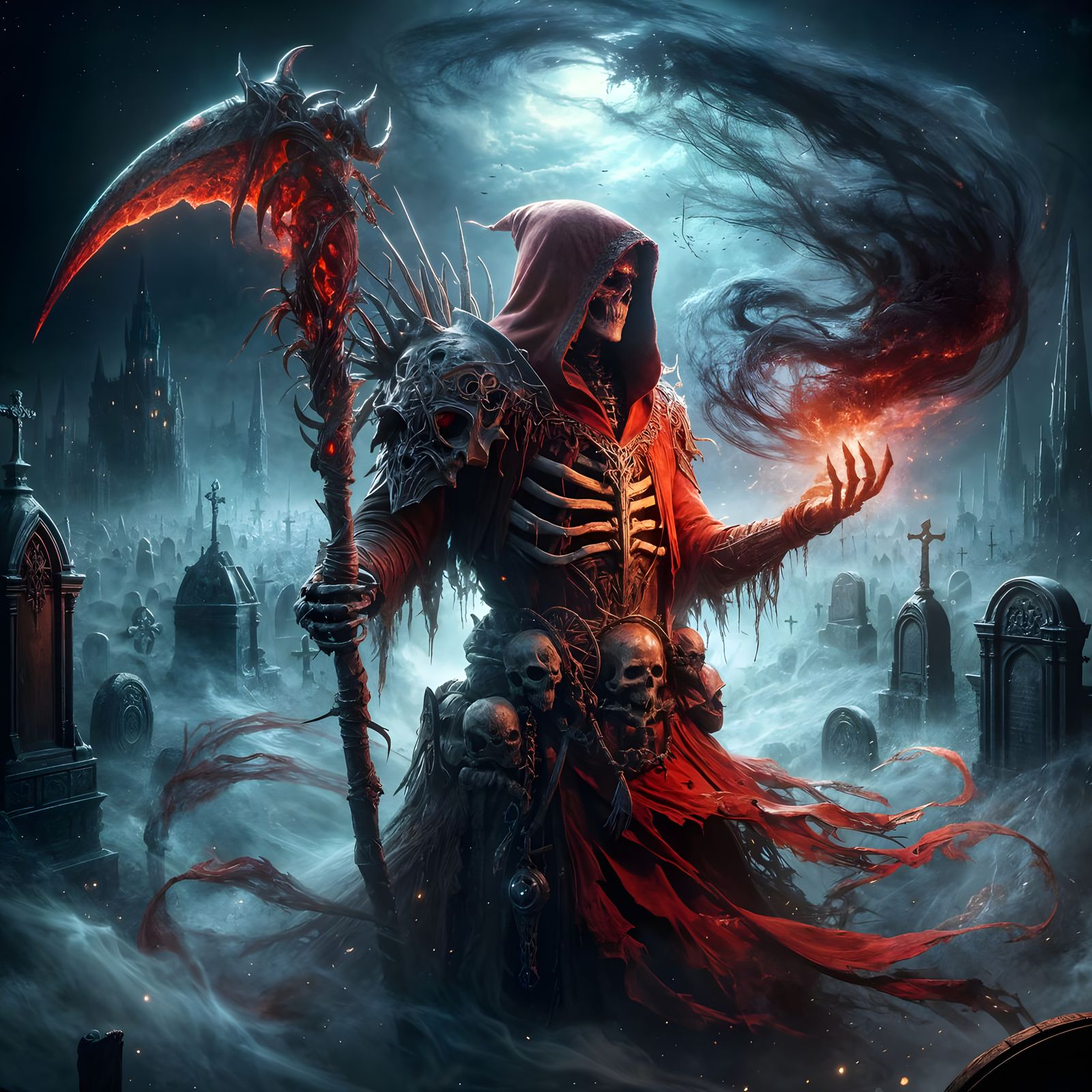 Fiery Necromancer in Mist-Shrouded Graveyard