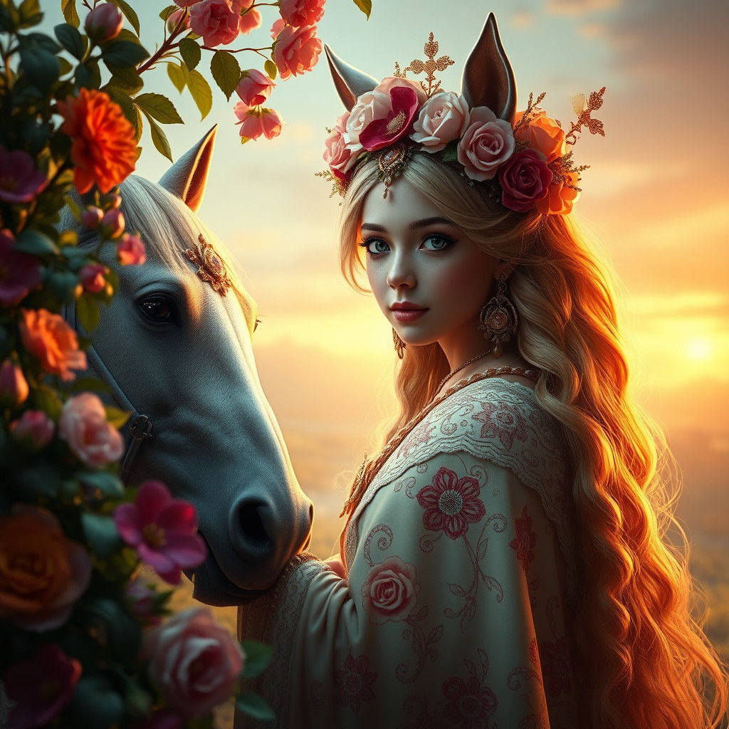 Fantasy Flower Girl Portrait with Horse in Art Nouveau Style