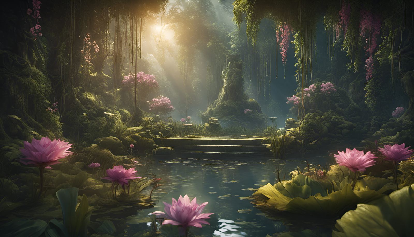 Lush Fantasy Jungle Scene with Sun Dappling