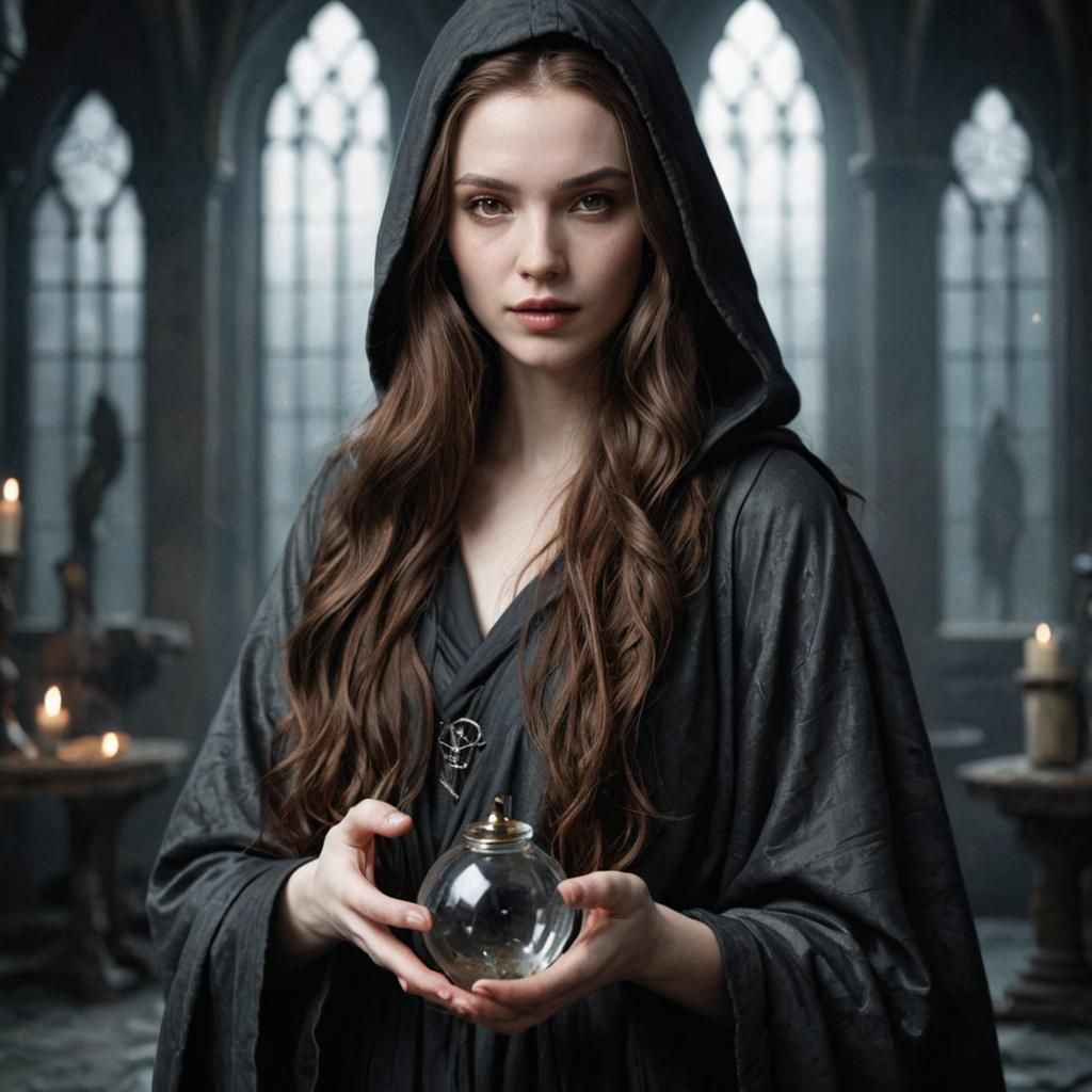 Young Sorceress in Grey Robes, Photorealistic Portrait