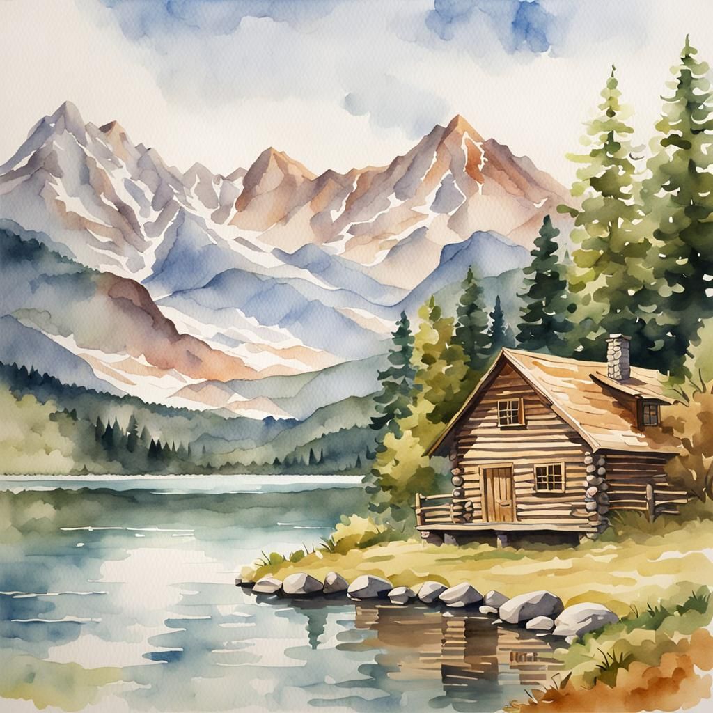 Log Cabin by Mountain Lake, Watercolor Painting