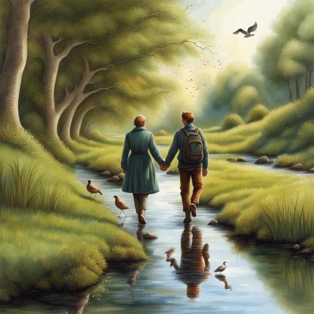 Hand in Hand by a Stream: An Oil Painting