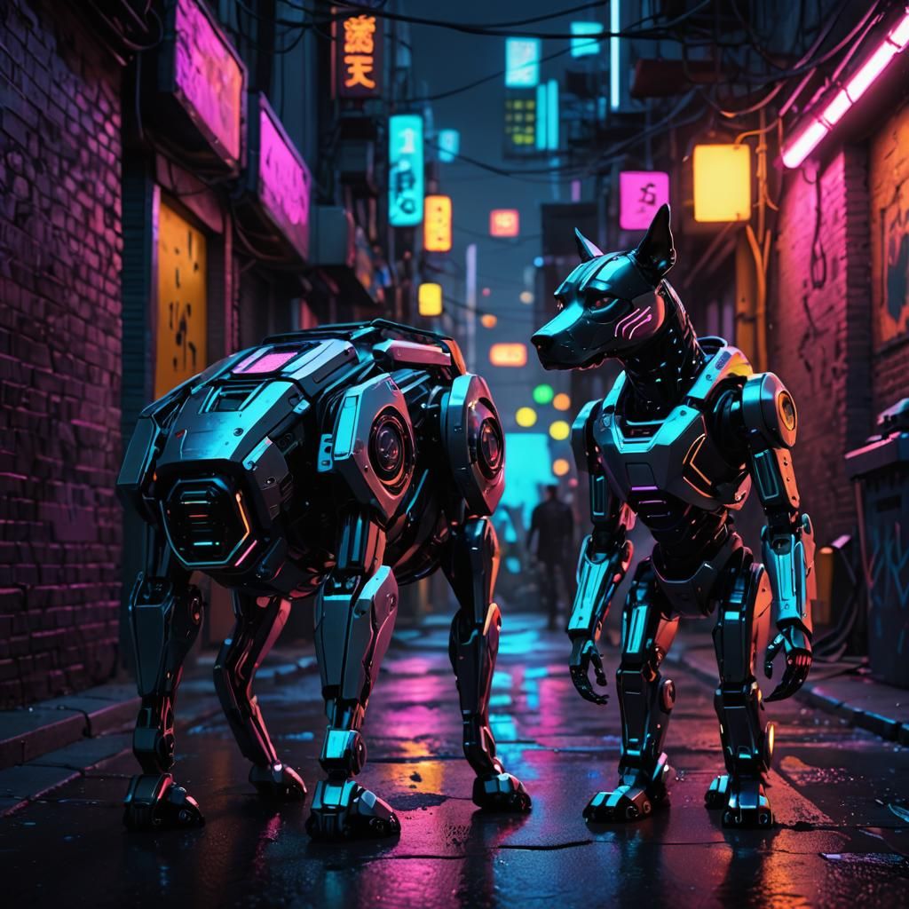 Cyborg and Robotic Dog Guarding Child: Neon Noir