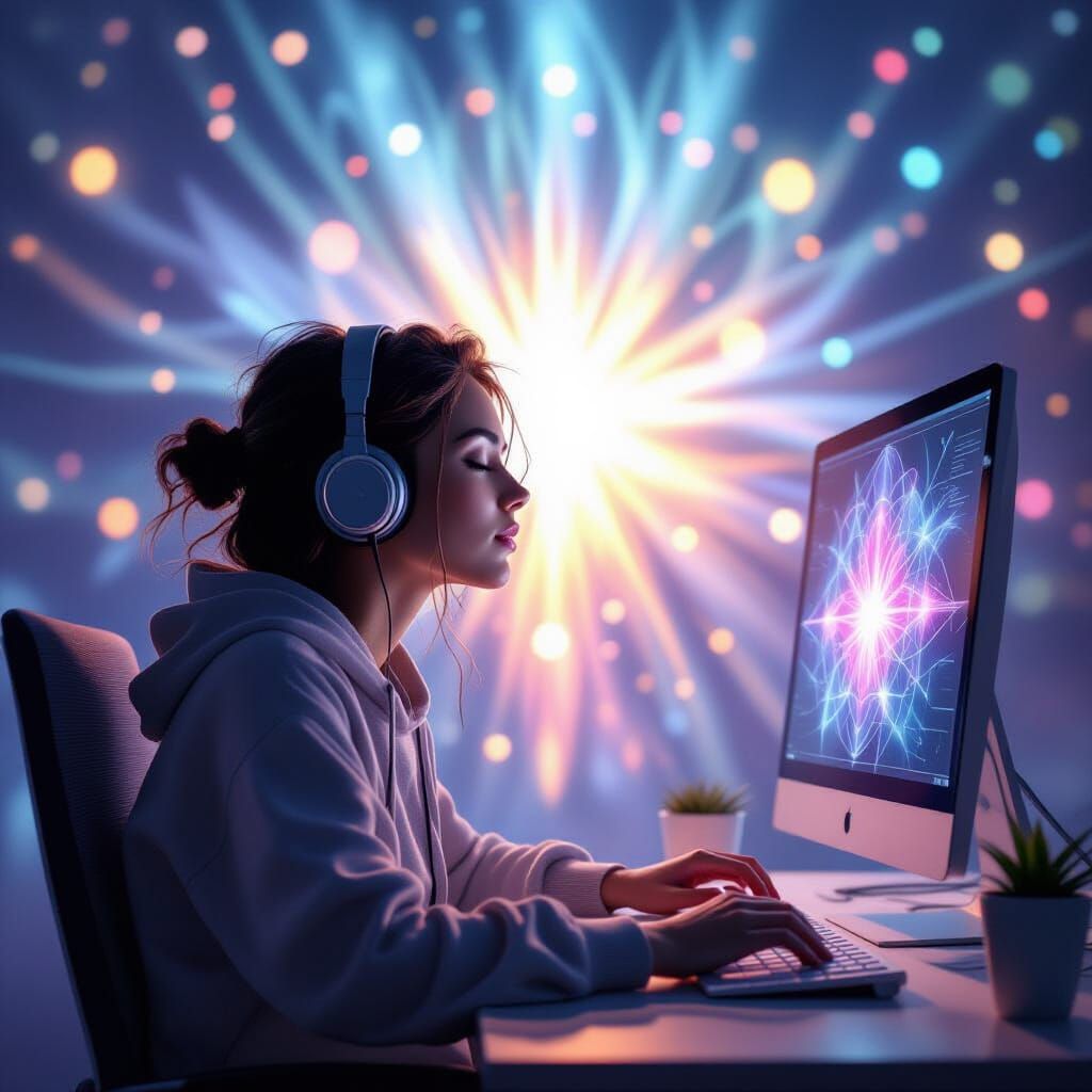 Meditator Downloads Divine Energy in Surrealist Style