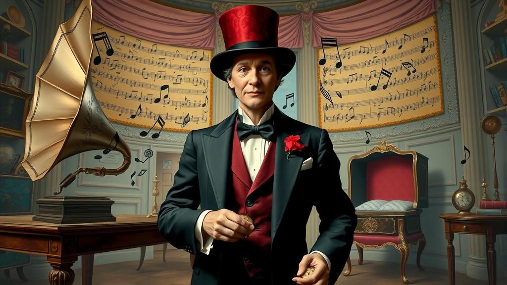 Surreal Ballroom Scene with Gentleman in Fez Hat