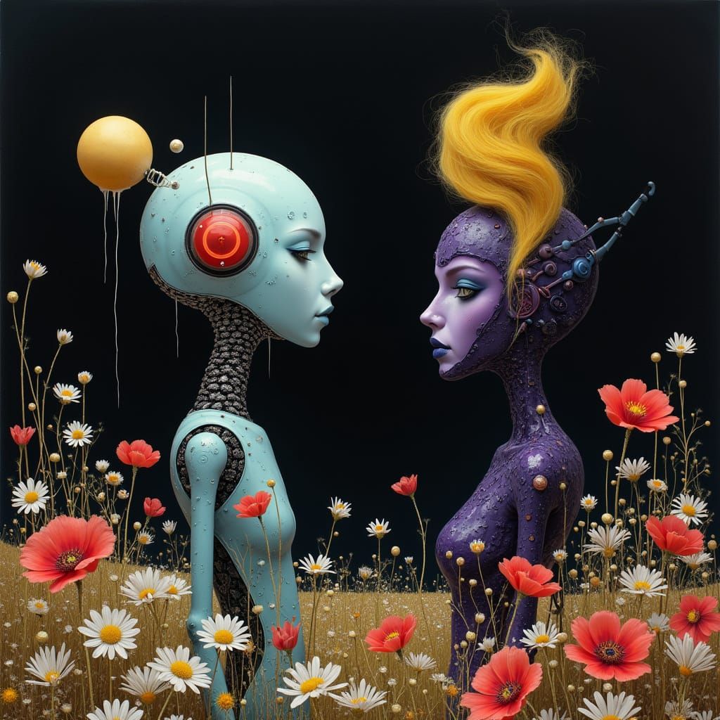 Android Cyborg in Whimsical Dreamscape with Spider Woman
