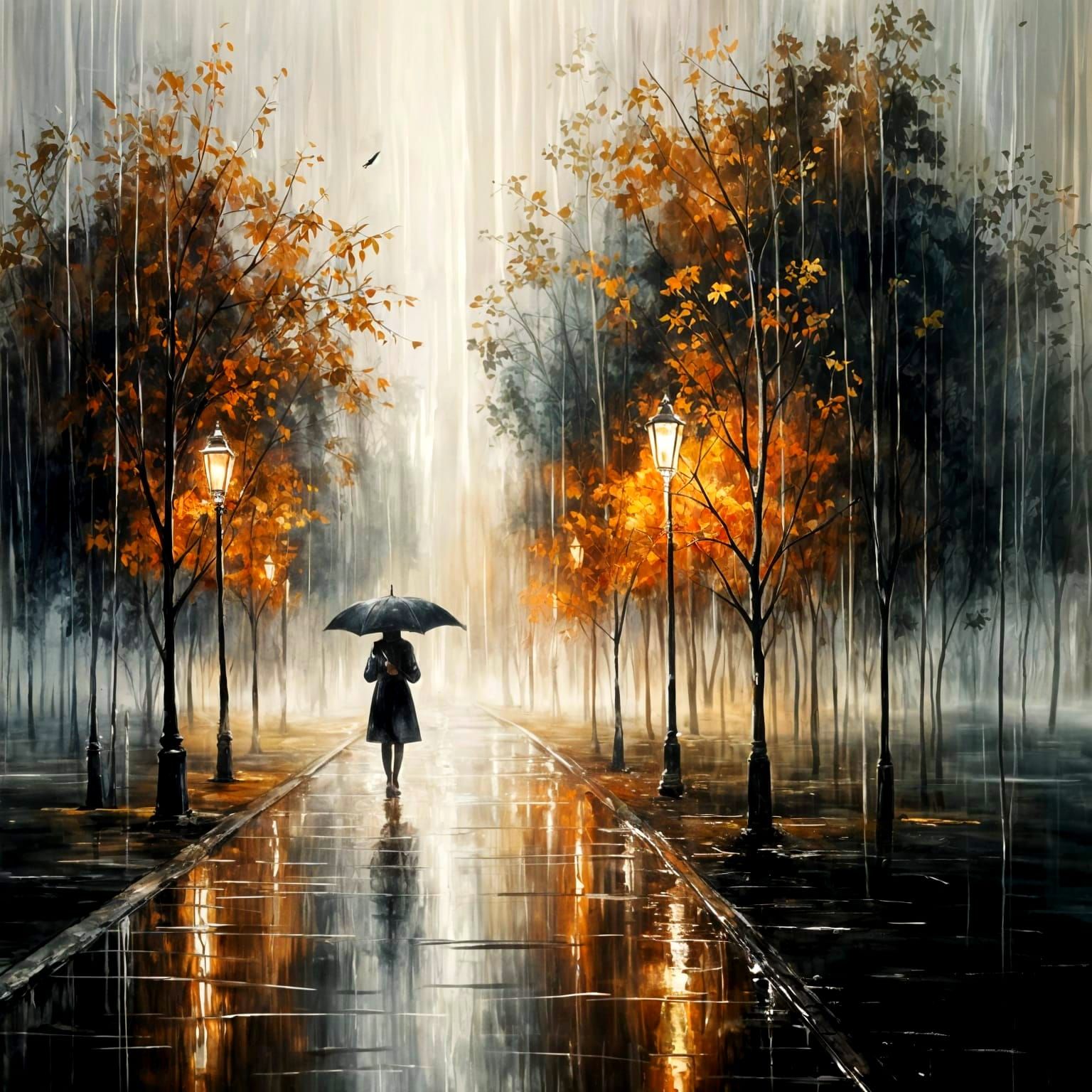 Serene Rainy Evening in a Park, Thick Paint Style