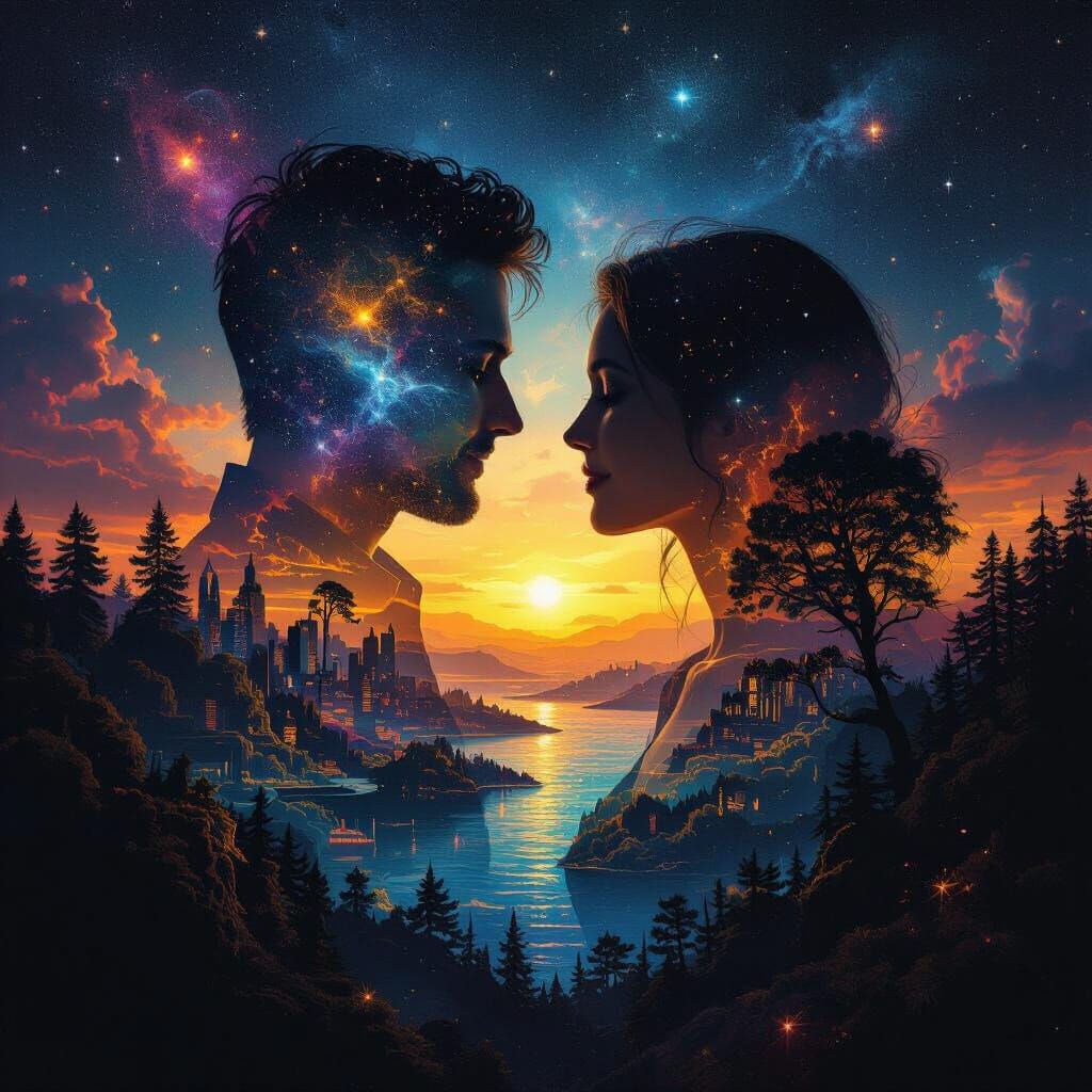 Couple Silhouette Merges into Vibrant Cosmic Landscape