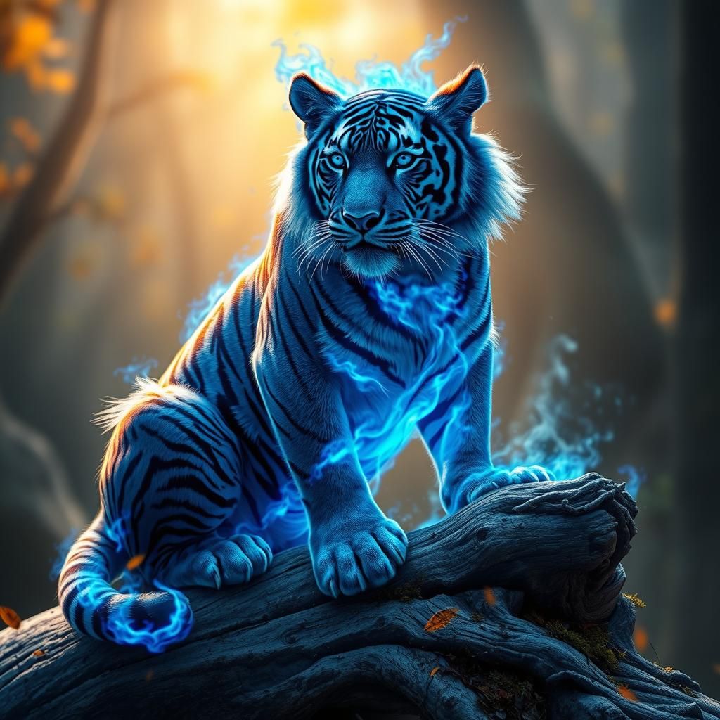 Majestic Blue Fire Tiger on Mossy Log