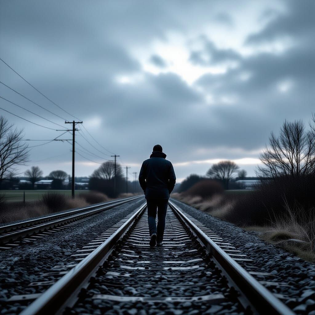 Solitary Man on Railway Tracks in Black and White
