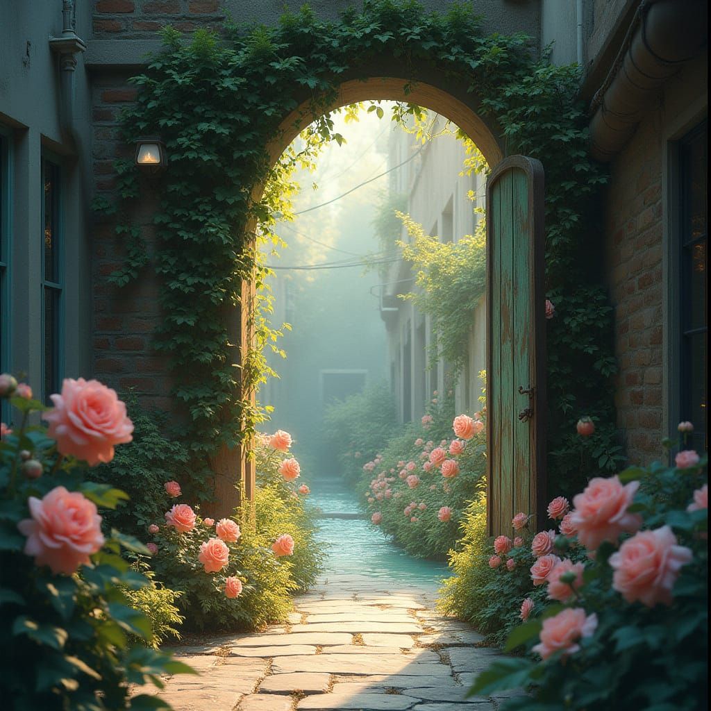 Enchanted Garden Oasis Through Hidden Doorway