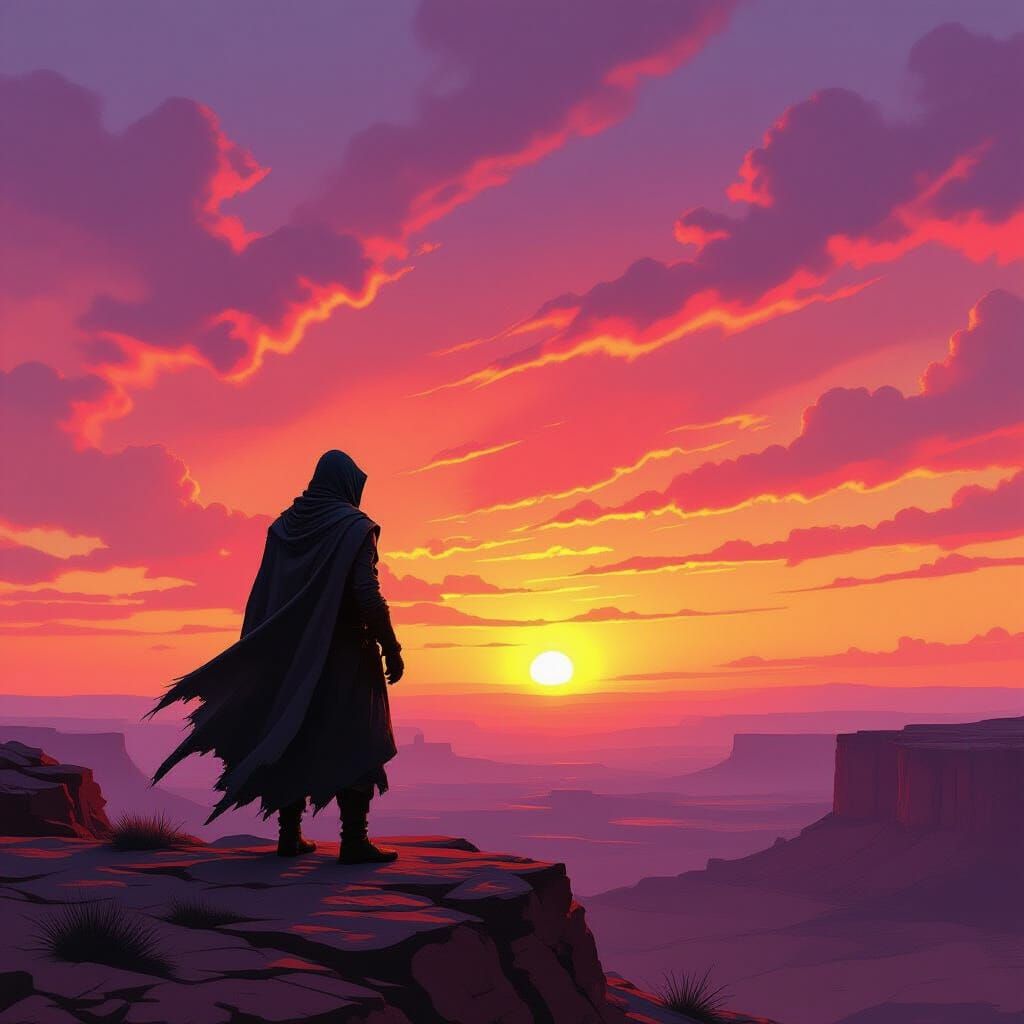 Lone Figure at Sunset in Gritty Hyperrealism