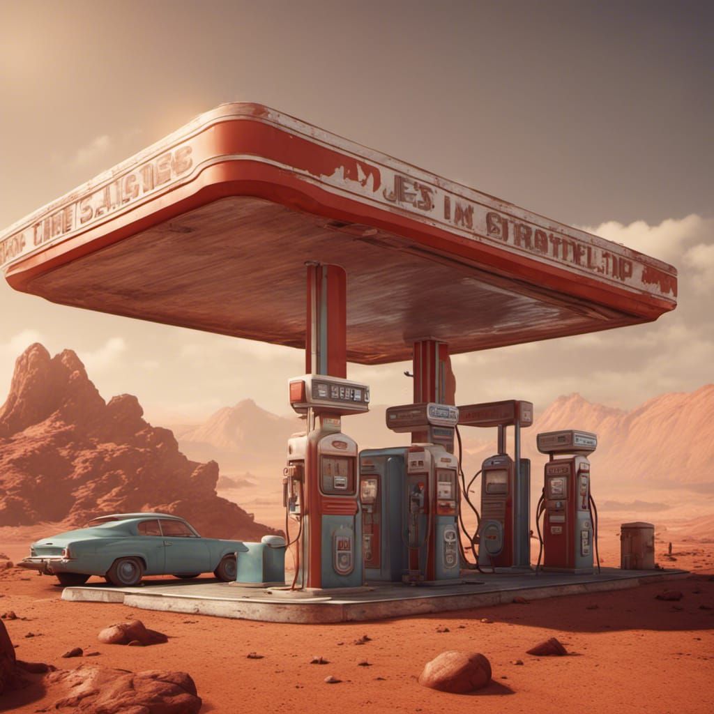 Retro Gas Station on Mars, Detailed Matte Painting