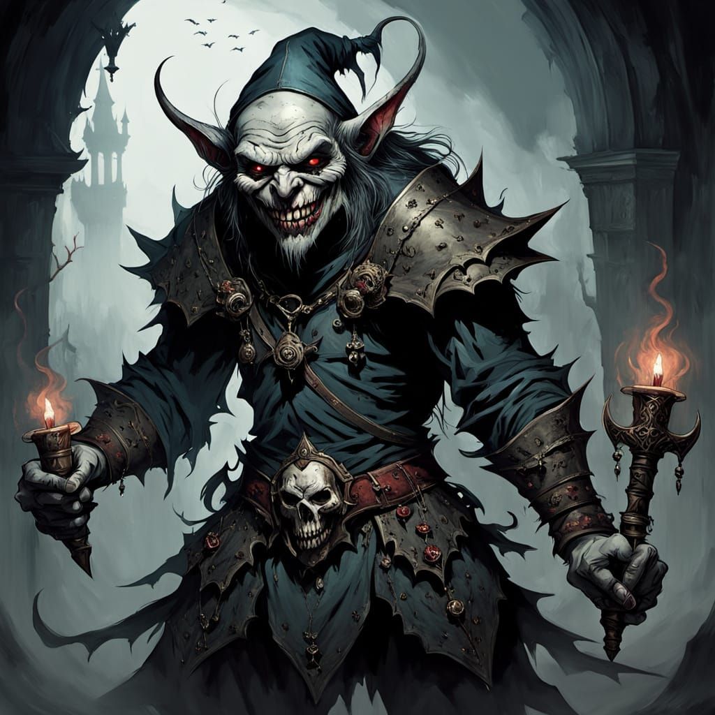 Dark Fantasy Jester with Pale Red Skin and Crazy Smile