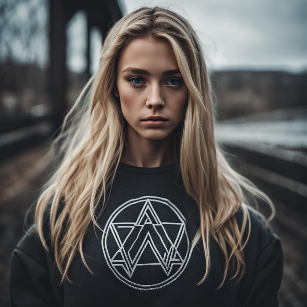Blonde Girl in Alan Walker Sweatshirt: Hyperrealistic Image