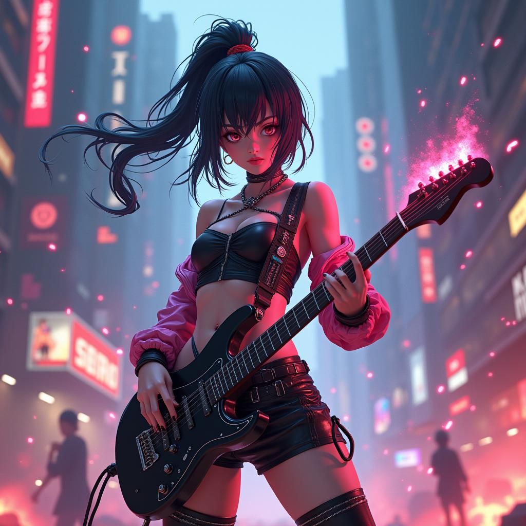 Anime Heroine with Electric Guitar in Cityscape